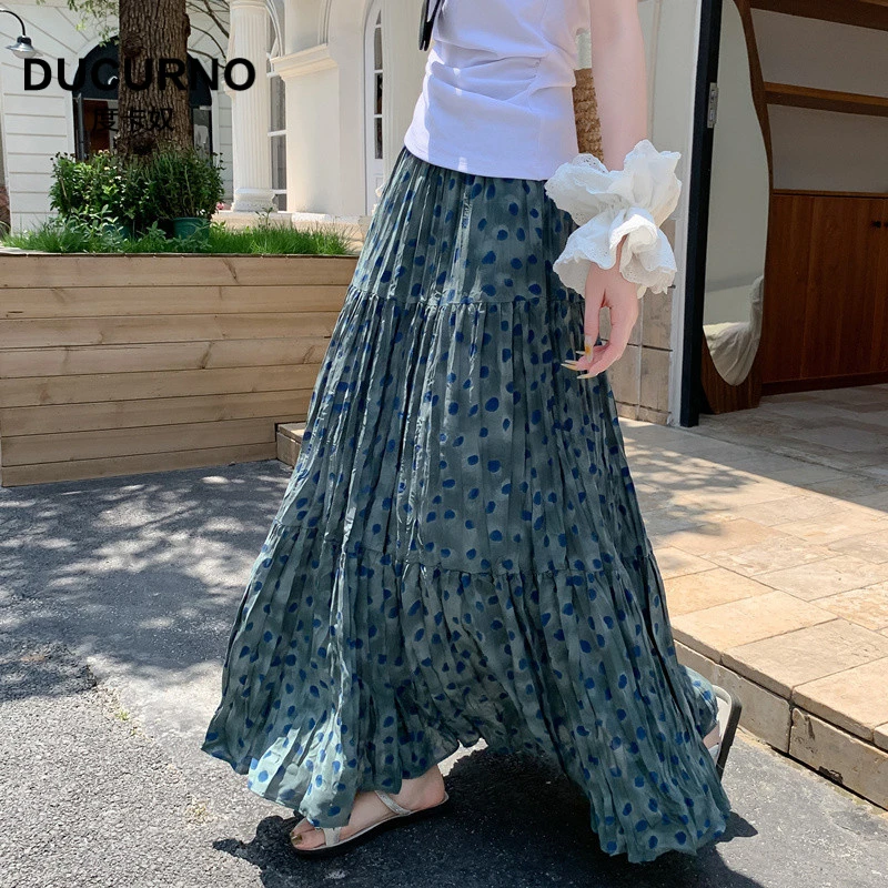 法式复古波点半身裙女秋季2025新款褶皱雪纺蛋糕裙长裙宽松a字裙