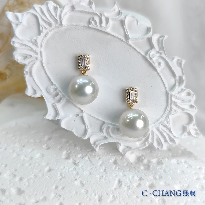 【穹宇】淡水珍珠12-13mmS925银耳饰百搭定制经典方钻款【畅太定制】