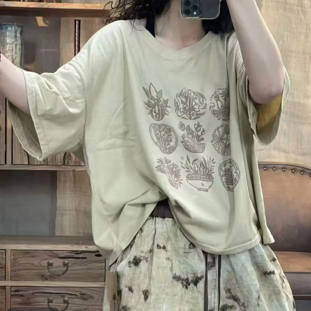 FF 6911 夏季新品休闲百搭印花怀旧T恤女士上衣 胸围136长60