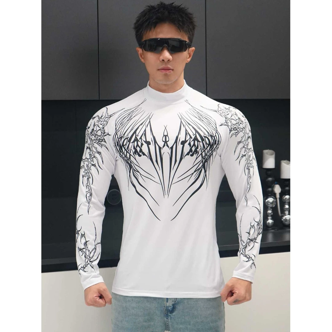 Breathedivinity高领印花紧身衣运动健身男女款长袖速干透气上衣