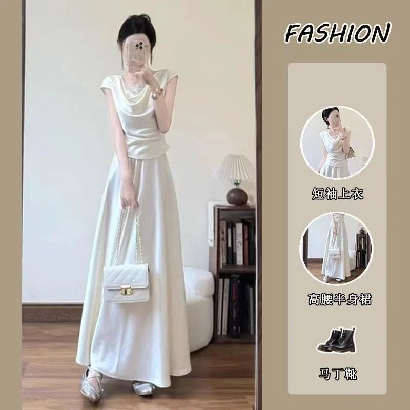 套装女2025夏季新款韩系减龄斜肩短袖T恤上衣高腰半身裙两件套潮