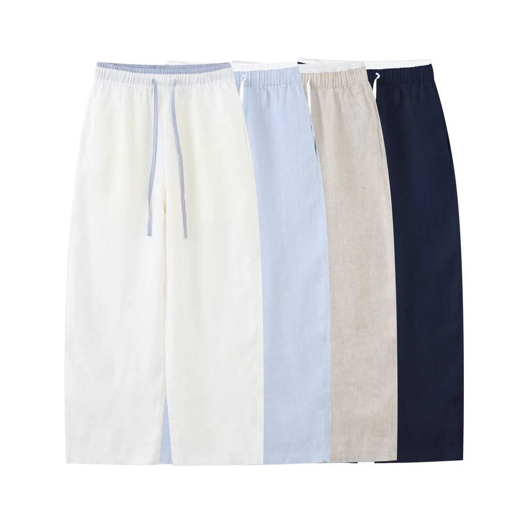 100 纯亚麻休闲九分裤