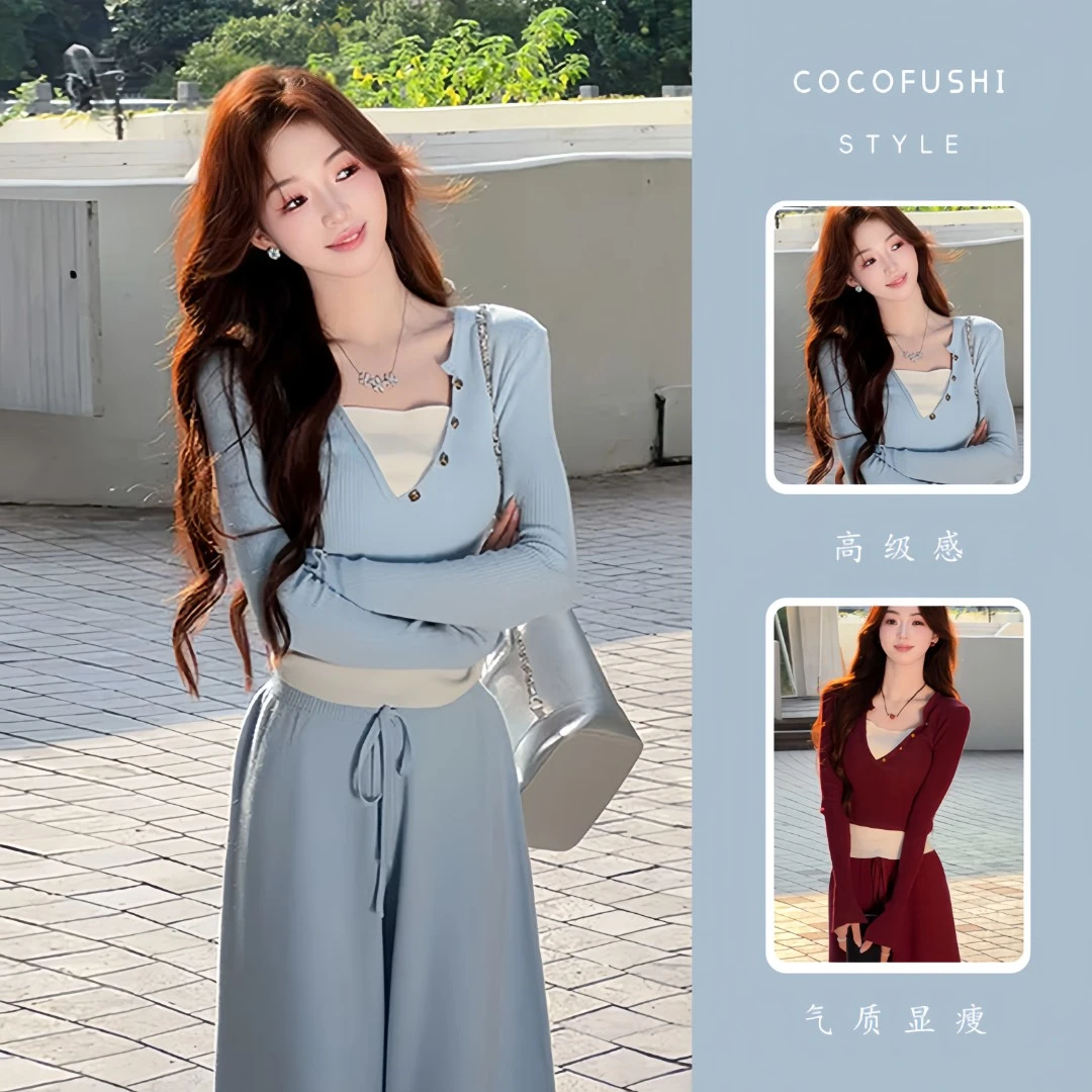 韩系穿搭一整套2025秋季新款洋气减龄假两件针织衫配休闲裤两件套