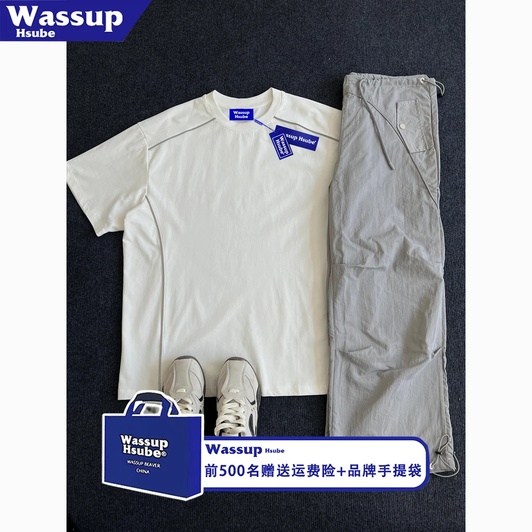 WASSUP HSUBE美式潮牌纯色线条拼接短袖男女夏季时尚宽松纯棉上衣