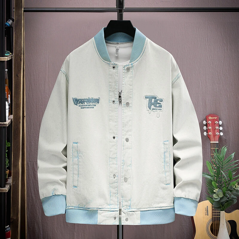 青少年春款美式复古棒球服潮流休闲百搭牛仔夹克外套爆款学生装
