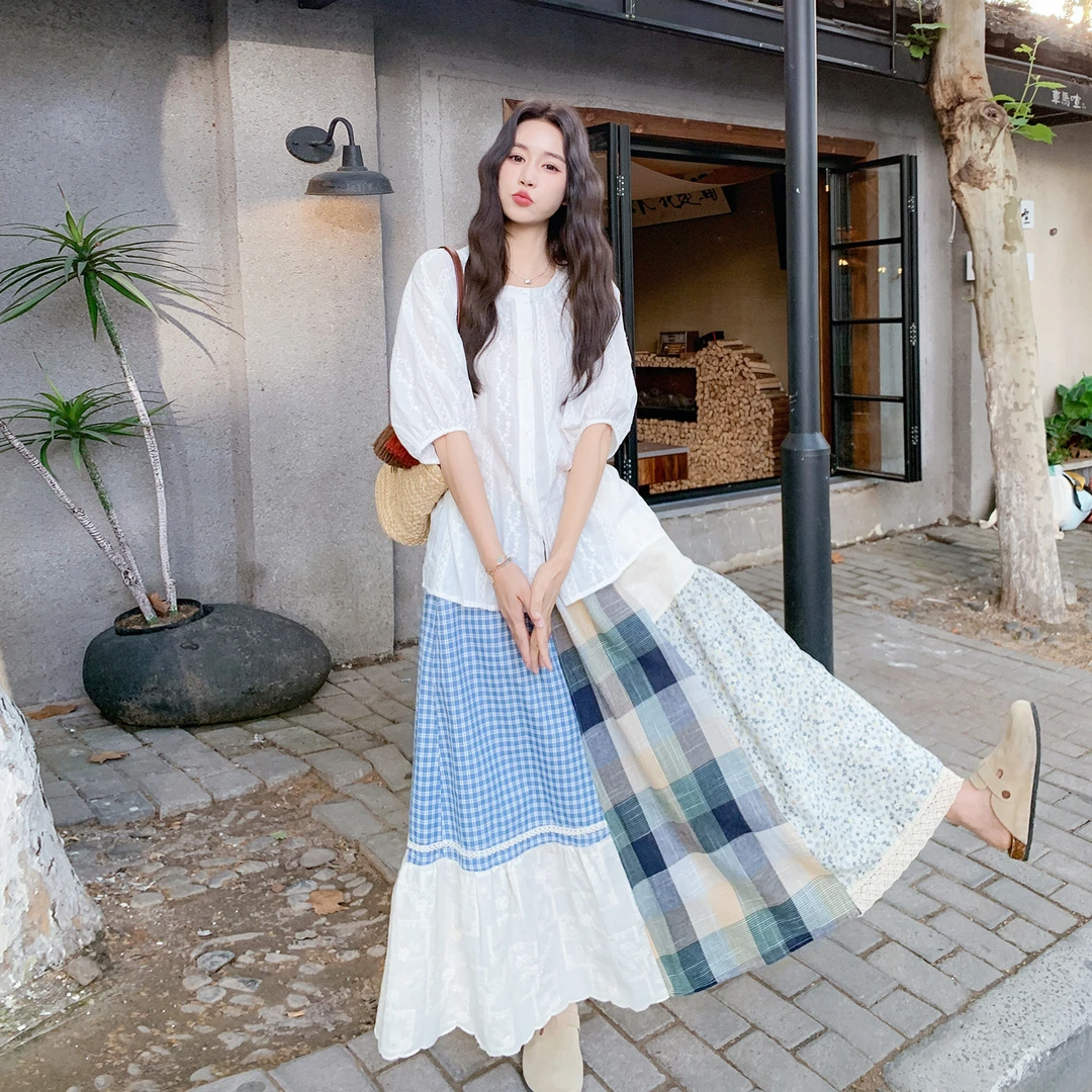 复古文艺风穿搭一整套女2025新款泡泡袖衬衫设计感半身裙两件套装