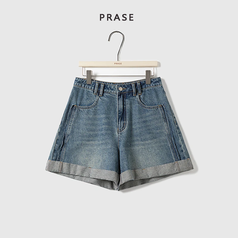 PRASE·噜【蔚蓝记忆】微胖轻奢设计款夏女高腰休闲牛仔短裤PR505C04