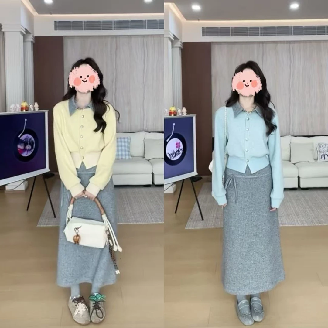 【江南美人】2025韩系撞色假两件拼接上衣蝴蝶结系带长短半裙套装