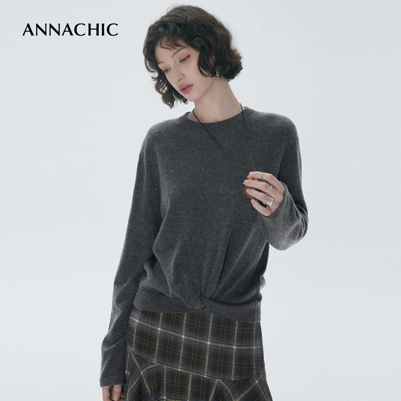 ANNACHIC解构主义_微宽松下摆纽结针织衫女/叠穿打底衫_羊毛上衣