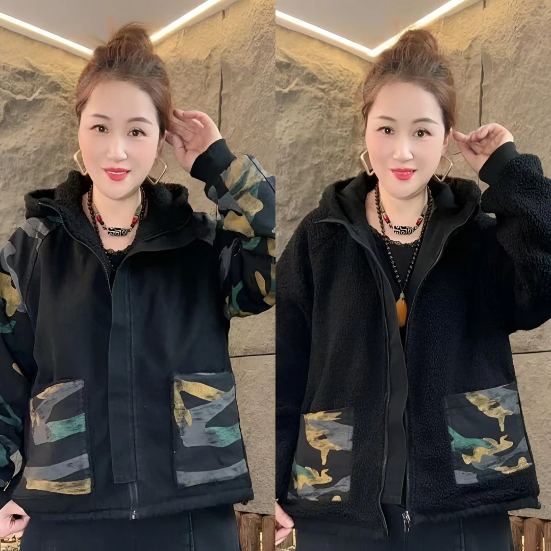 2024冬季新款加绒迷彩戴帽休闲复古两穿百搭加厚外套