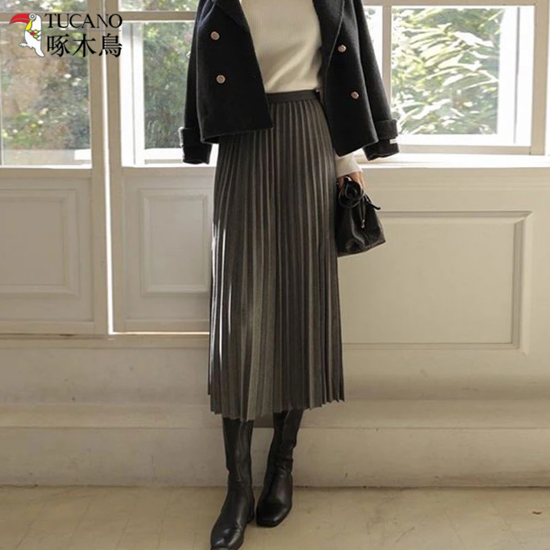 TUCANO/啄木鳥宽松遮胯毛呢半身裙女气质中长款裙子小个子百褶裙