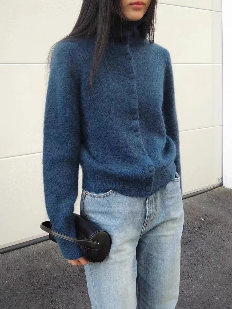 「深邃蓝高领开衫」加厚~百搭宽松套头毛衣韩版女秋冬