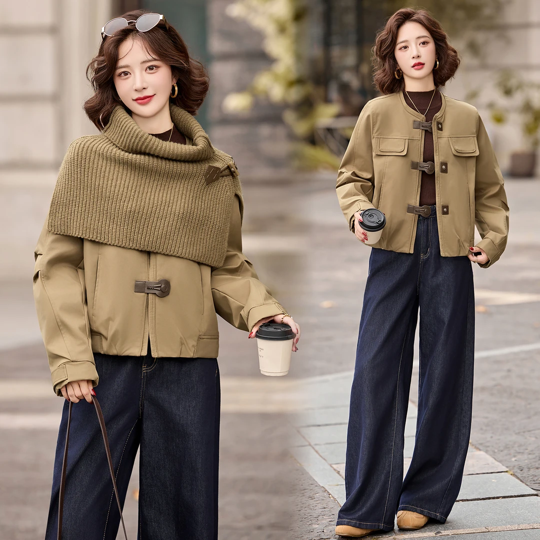 复古港风针织披肩棉衣外套女2025年冬季新款小个子设计感短款棉服