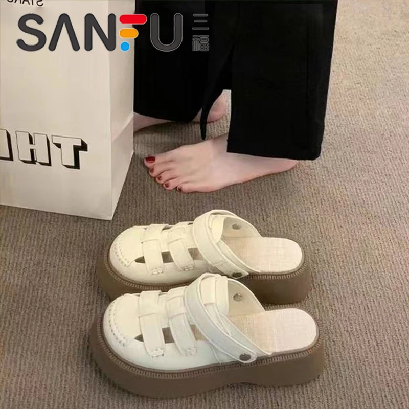 三福镂空包头凉鞋洞洞鞋爆款2025夏季新款罗马鞋厚底半拖鞋女外穿