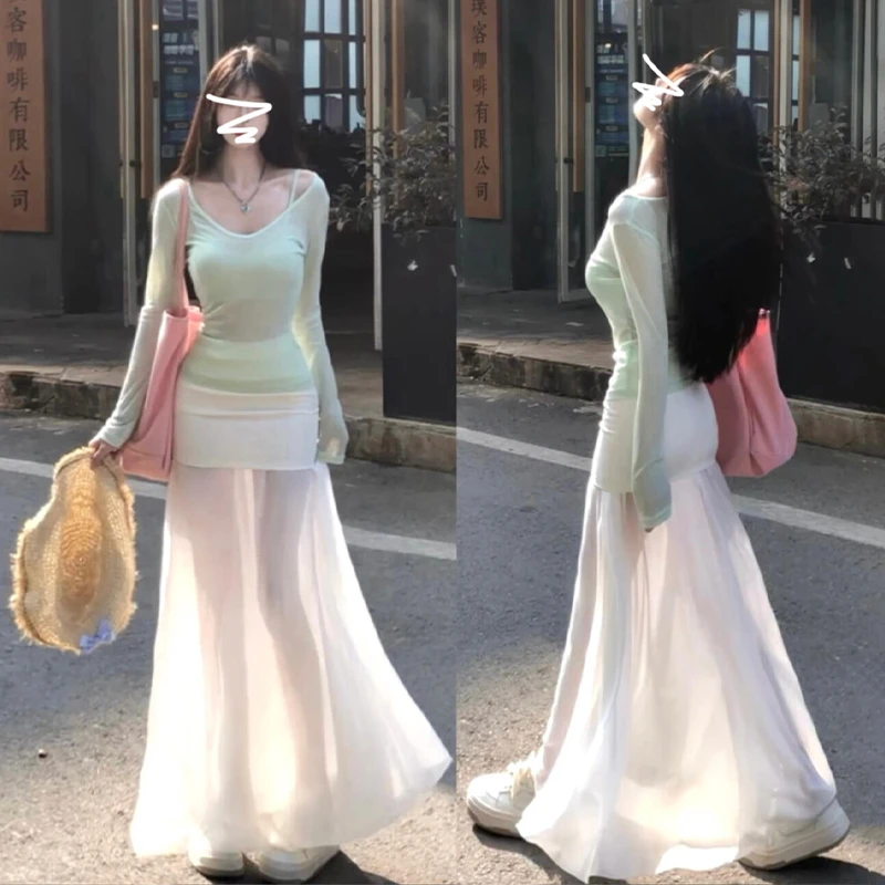 【运费补贴】温柔系甜美套装女夏绿色上衣一整套ootd穿搭半身裙3995