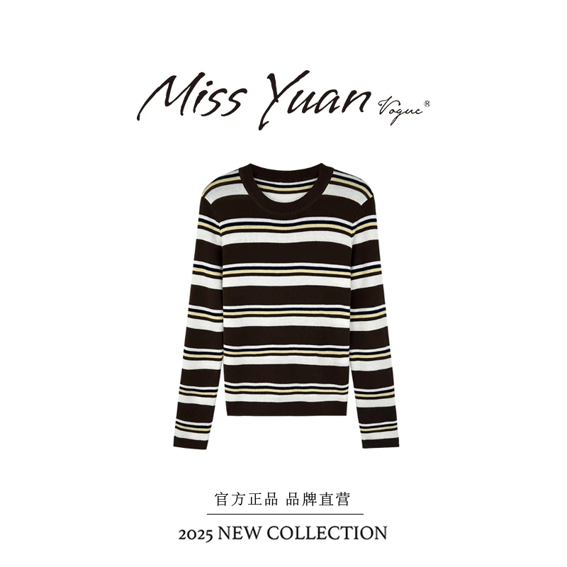 M.Y 媛总 慵懒风上衣经典条纹控圆领针织独特漂亮小衫M2507003