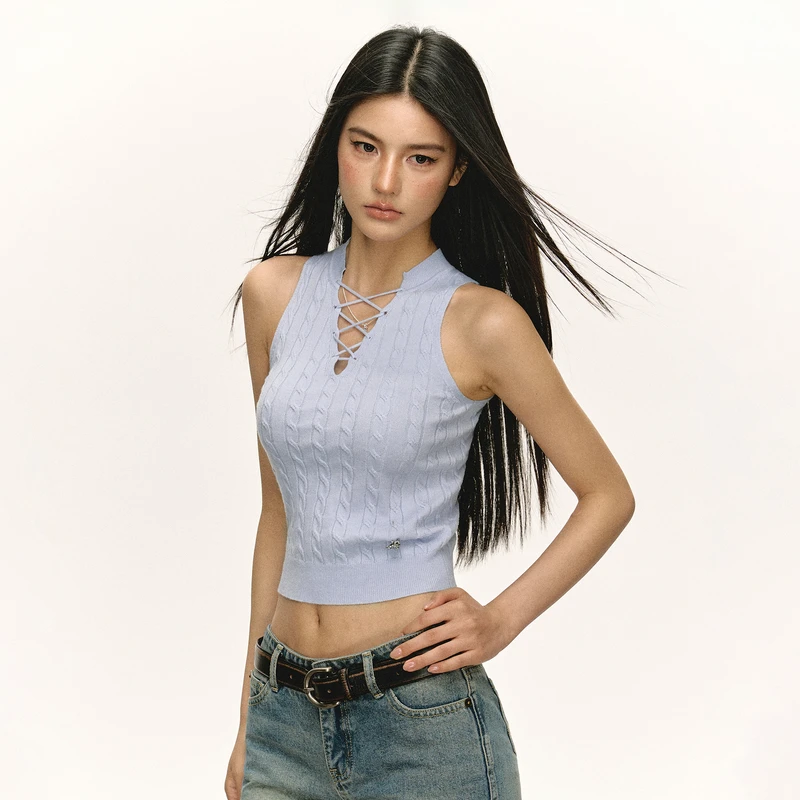 Ariseism 美式复古设计感白色针织无袖背心女夏季新款修身上衣