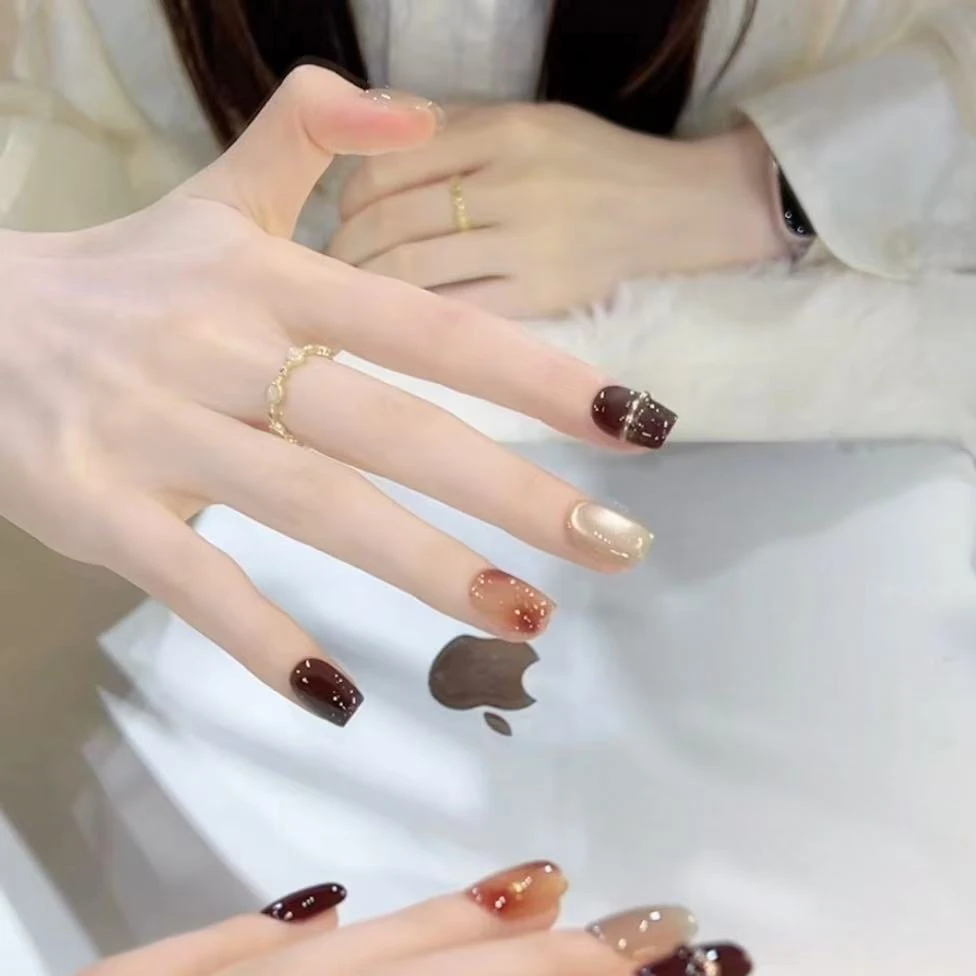 【暮色鎏金】野世穿戴甲  巧克力棕金秋猫眼渲染美甲