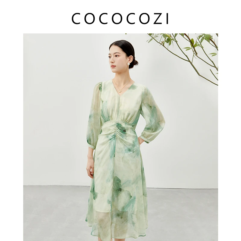 【女装优选XH】COCOCOZI桑蚕丝国风印花连衣裙女裙子232CO027