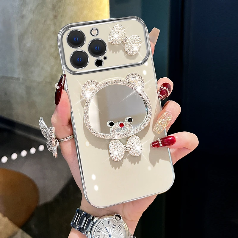 适用苹果14pro/max领结熊补妆镜大视窗手机壳创意全包电镀防摔壳
