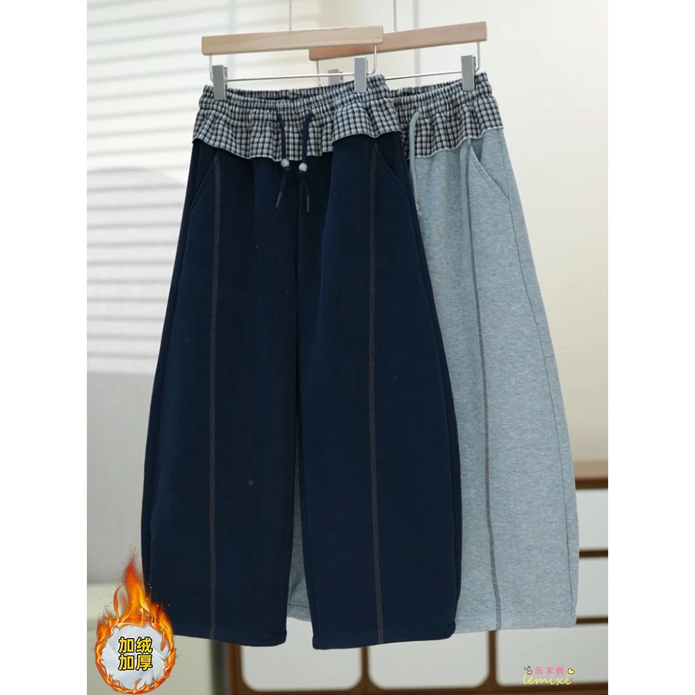 女童加绒弯刀裤2024秋冬款格子花边香蕉裤一体绒加厚卫裤运动休闲