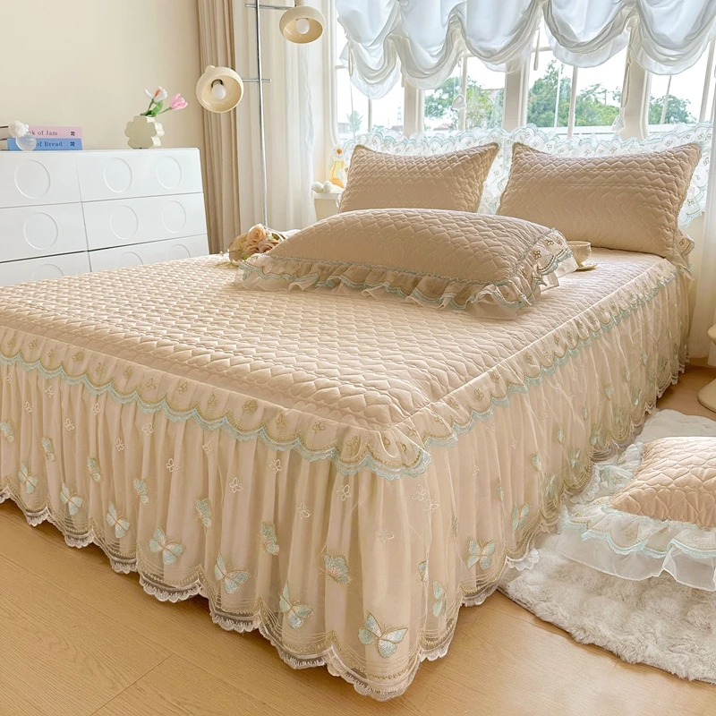 A类床裙斜纹全棉三件套加厚夹棉裸睡床垫床罩100纯棉床盖床套新款