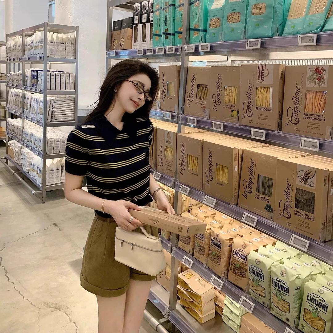 撞色条纹Polo领正肩T恤女夏季复古老钱风短款修身显瘦时髦上衣薄