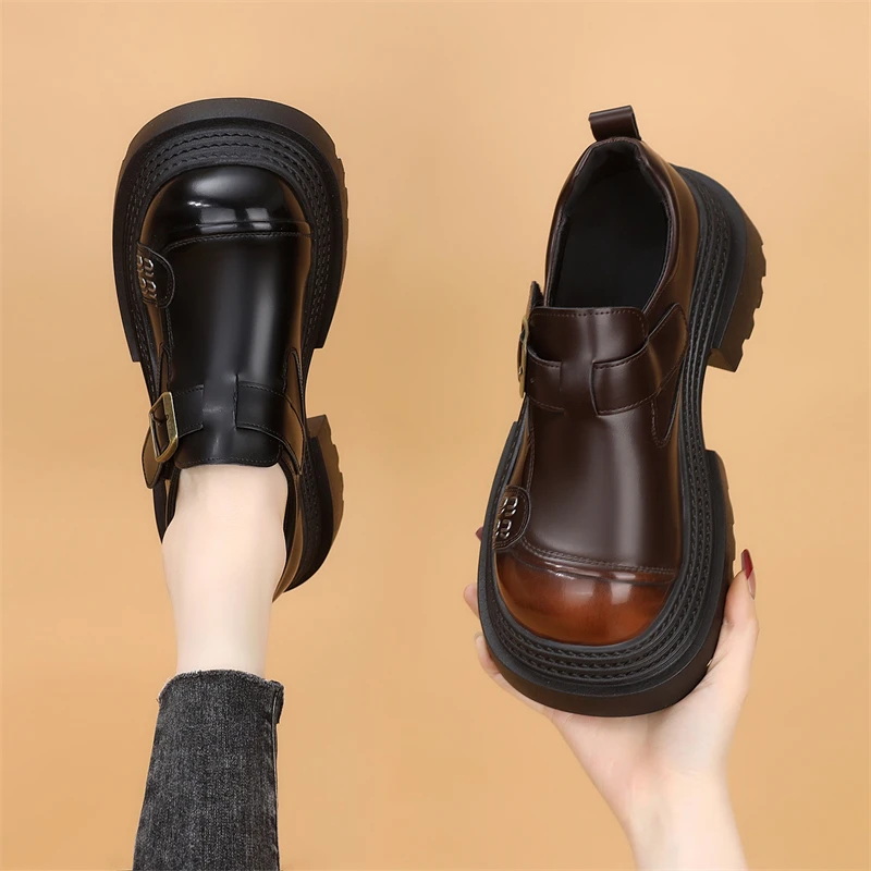 增高减龄时尚小皮鞋女2025春季新款韩版小个子厚底显瘦圆头乐福鞋