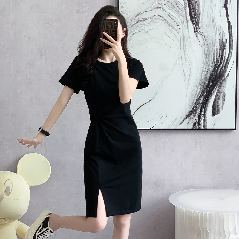 2025夏季新款中长款T恤裙圆领短袖扭结气质大码连衣裙
