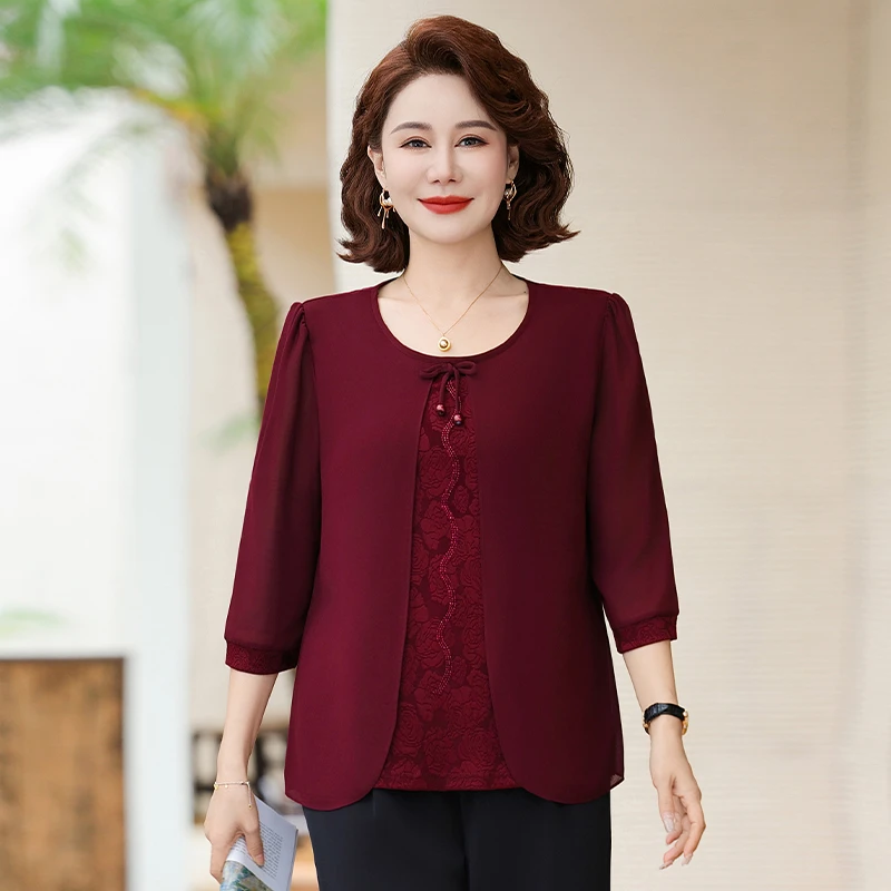 妈妈七分袖圆领雪纺小衫春夏季新款假两件中袖T恤中老年遮肉上衣