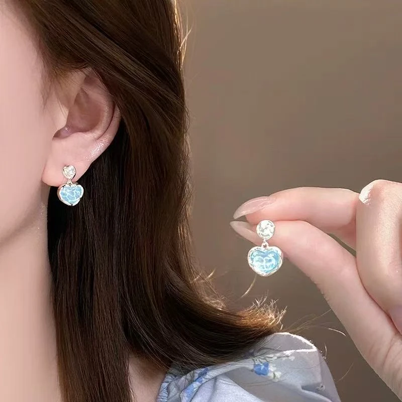 银针春夏季海盐镭射冰透爱心耳饰蓝色女小众仙气甜美清新气质耳钉
