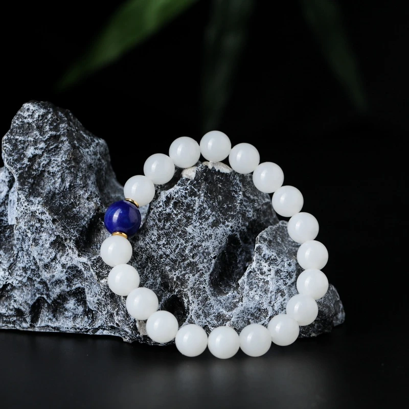 和田玉白玉搭配青金圆珠手串约10mm左右32gG29240511-04