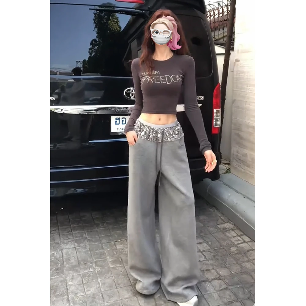 重工亮片拼接松紧腰休闲裤2025早春新款阔腿裤灰色卫裤子女长裤