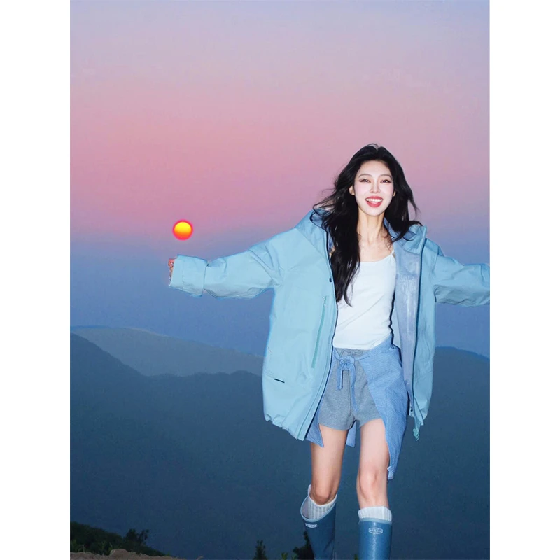 KSKM冰川蓝冲锋衣外套女2025春秋新款户外三合一情侣武功山登山服