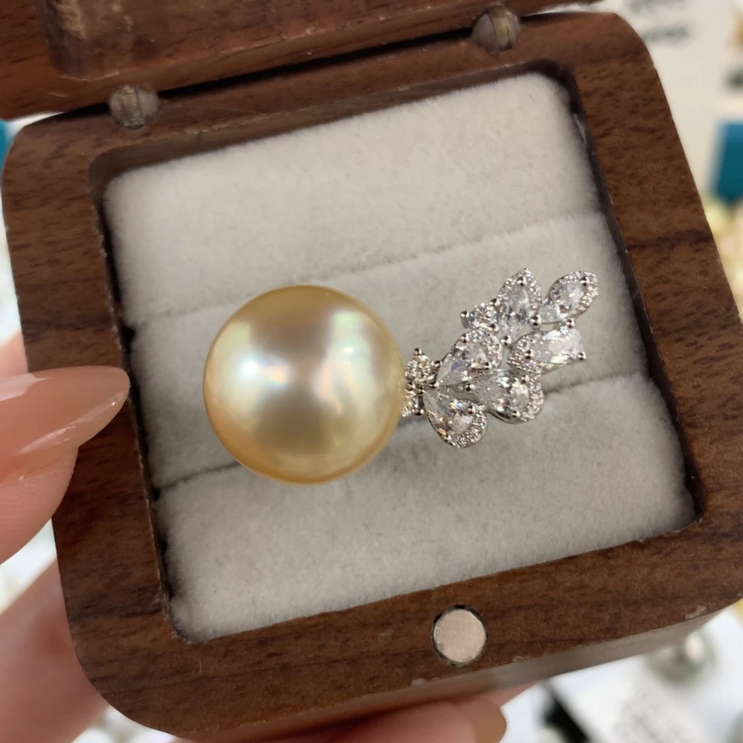 定制海水珍珠银S925镶嵌戒指/指环南洋金珠炫彩色13mm