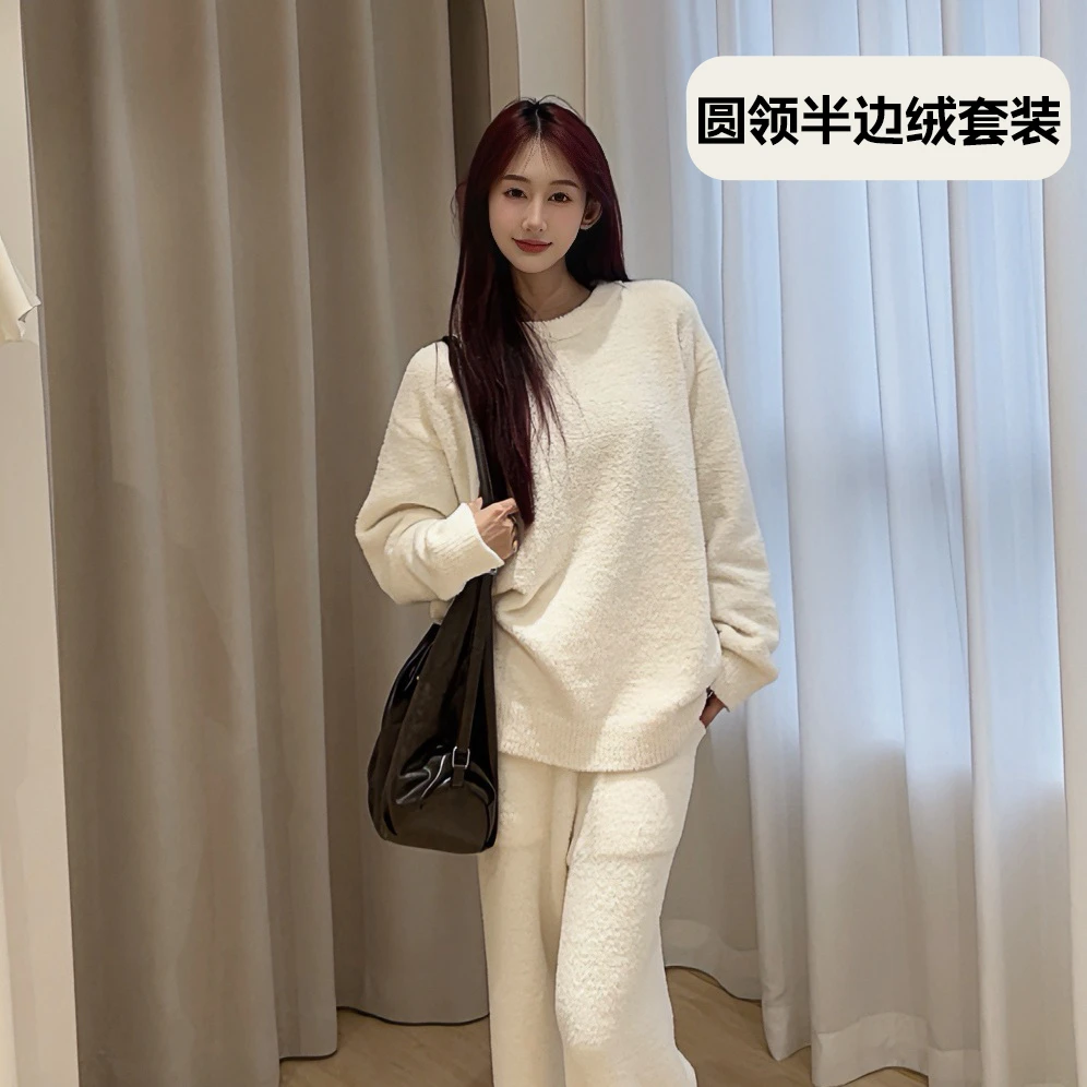 可外穿家居服半边绒纯色百搭圆领睡衣慵懒风秋冬套装可居家可外穿
