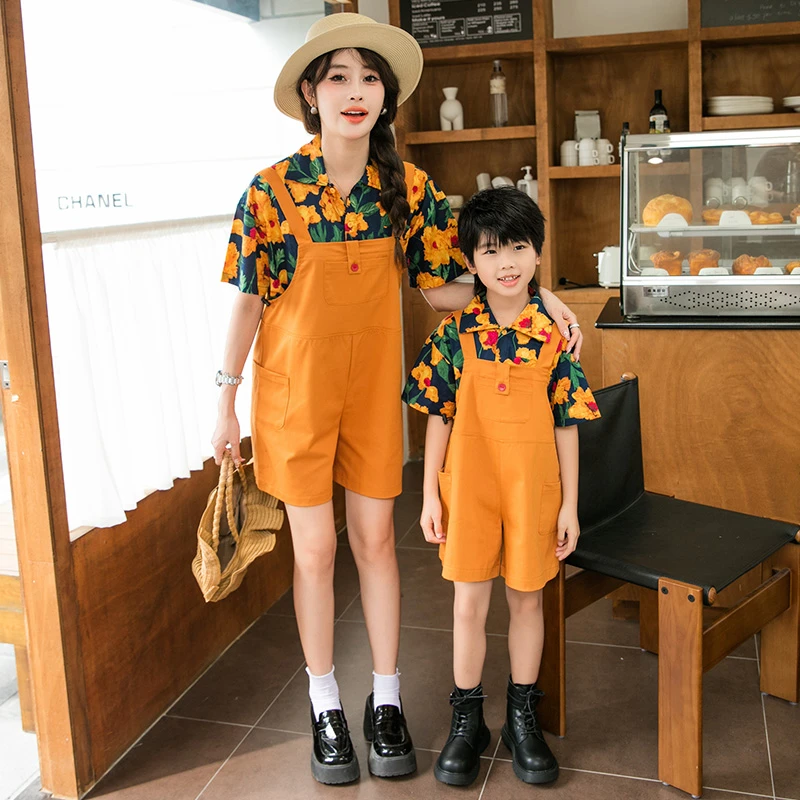 港风亲子装2025新款夏季短袖衬衫背带裙母女装亲子装套装潮款爆款