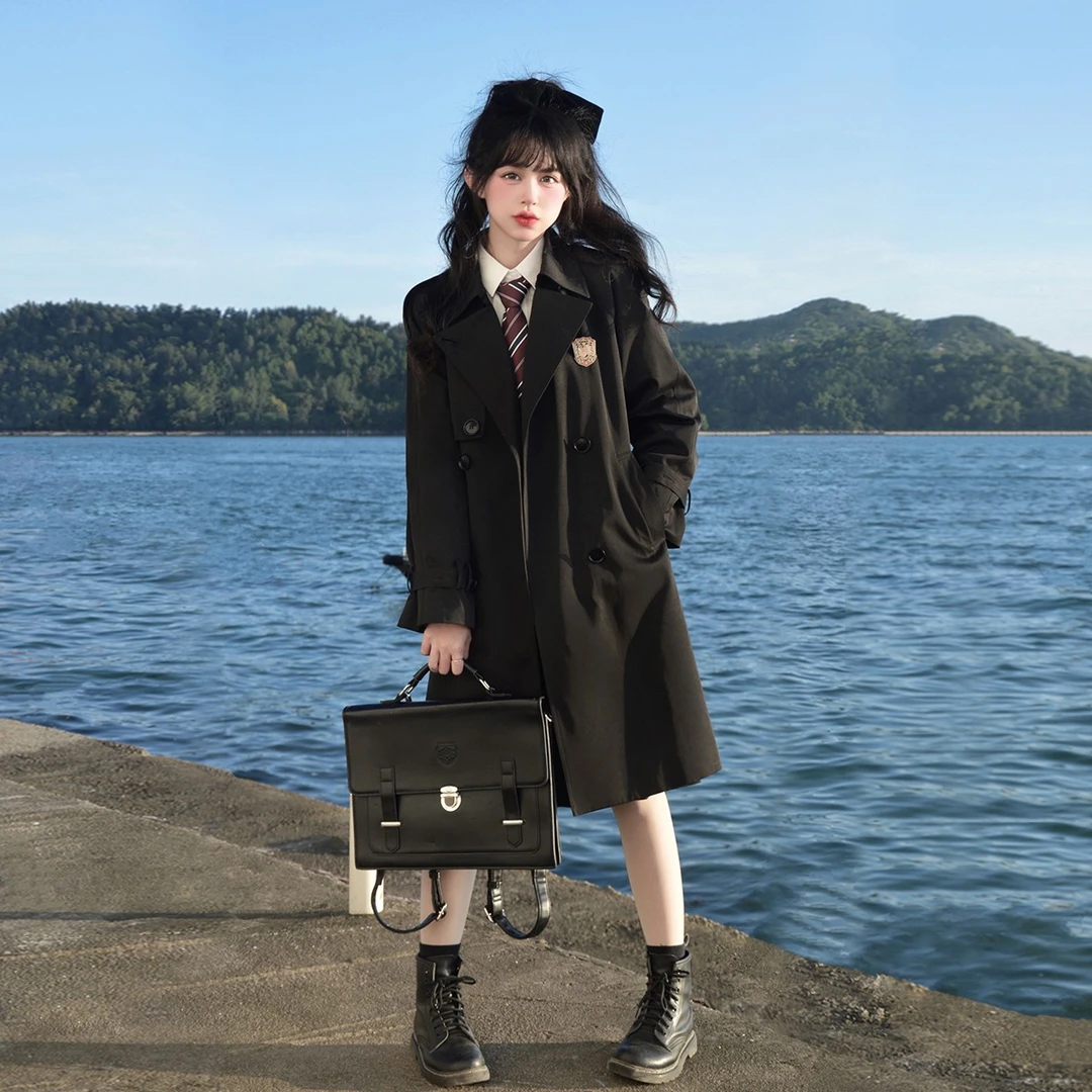 樱花家族JK制服风衣【暮声】学院徽章黑色外套长袖中长款小个子女