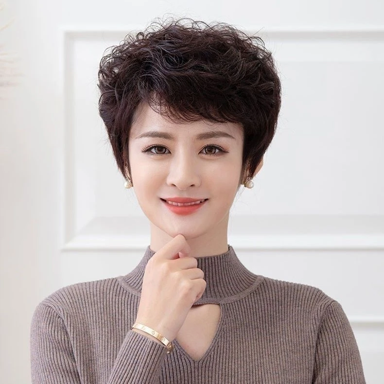 SILU/丝鹭[凉感.透气]夏季假发短卷发全真发洋气假发短发全头套