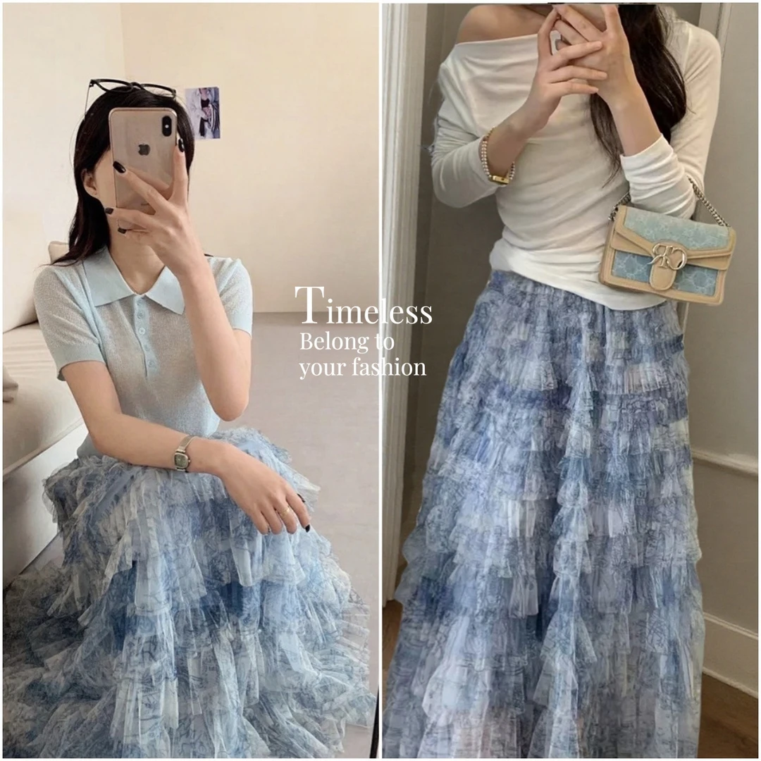 清冷感~2025春夏新款韩系清纯风蓝色扎染层次感A字蛋糕裙纱纱裙子
