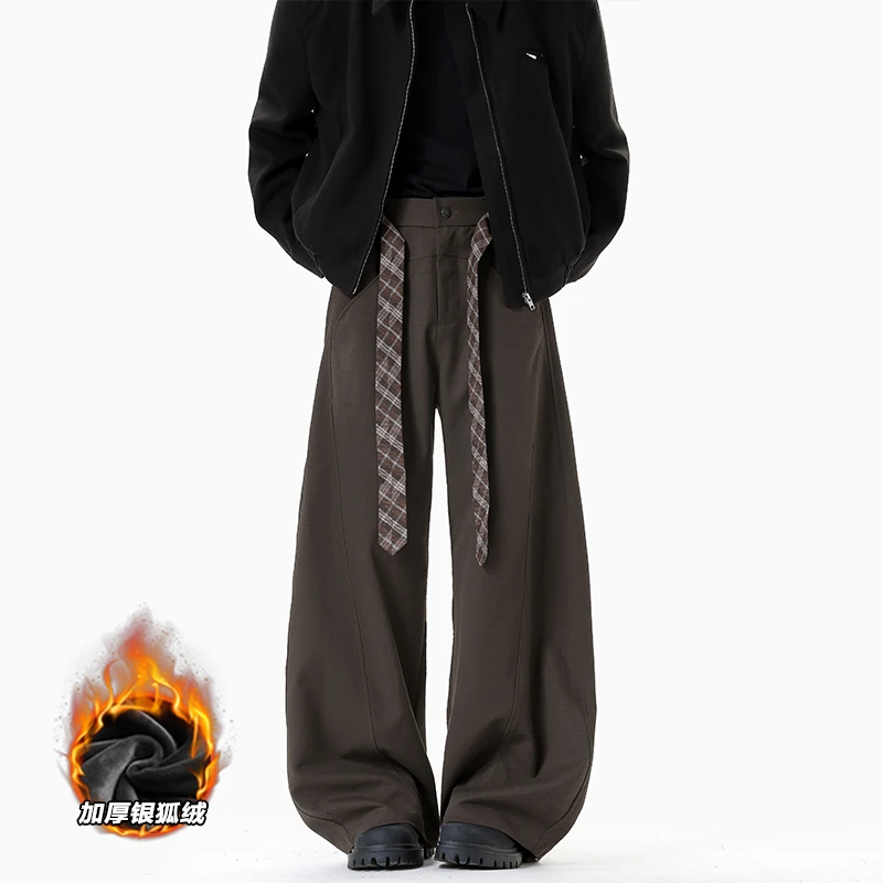 新款高街复古弯刀休闲裤男女秋季老钱风腰带设计感情侣宽松阔腿裤