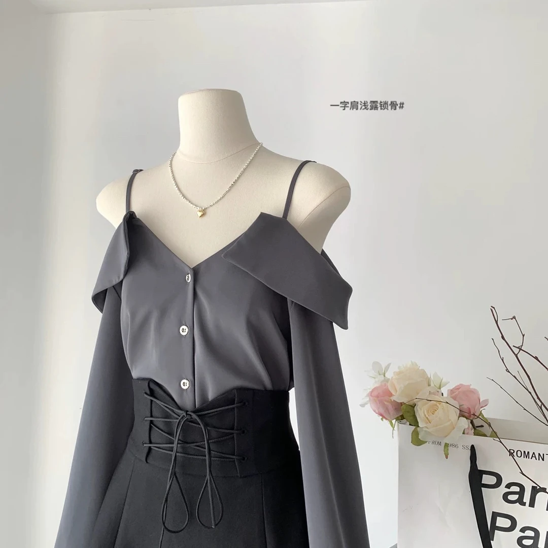 茶系穿搭初秋甜辣纯欲风吊带长袖衬衫上衣半身裙裤套装