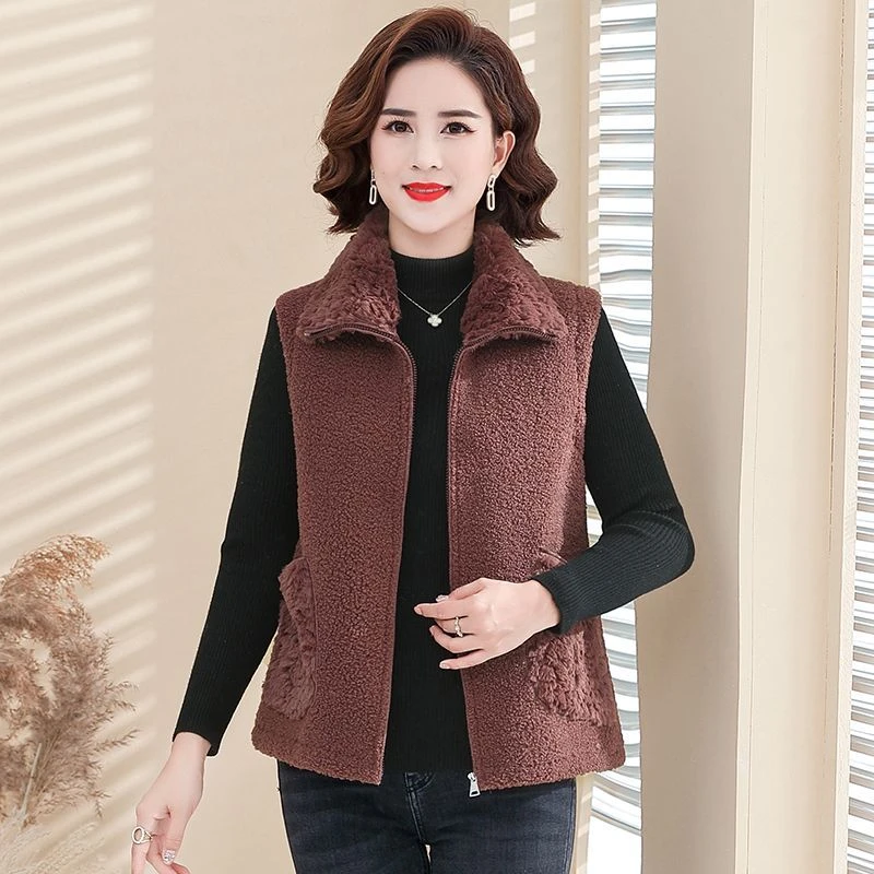 中年妈妈皮毛一体外穿马甲背心秋冬季新款羊羔毛颗粒绒马夹坎肩女