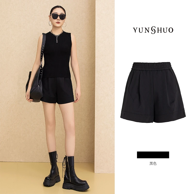 允硕夏季新品时尚百搭气质黑色女装短裤高腰遮胯瘦气质裤子195129