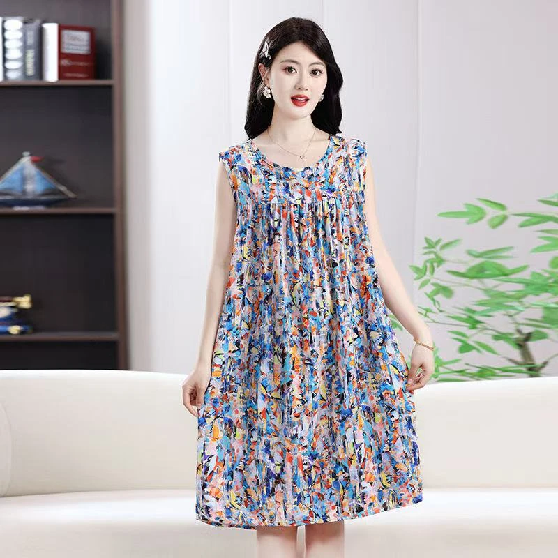 新夜上海  2025新款 短袖人棉大码妈妈装中长款宽松绵绸时尚