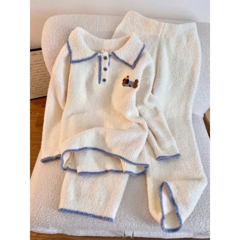 韩系甜美可爱感软糯卡通翻领半边绒睡衣女秋冬季款保暖家居服套装