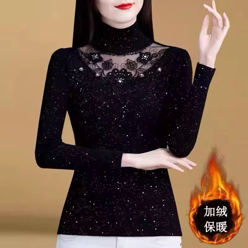 半高领打底衫女内搭秋冬2025年新款加绒加厚长袖网纱蕾丝保暖上衣