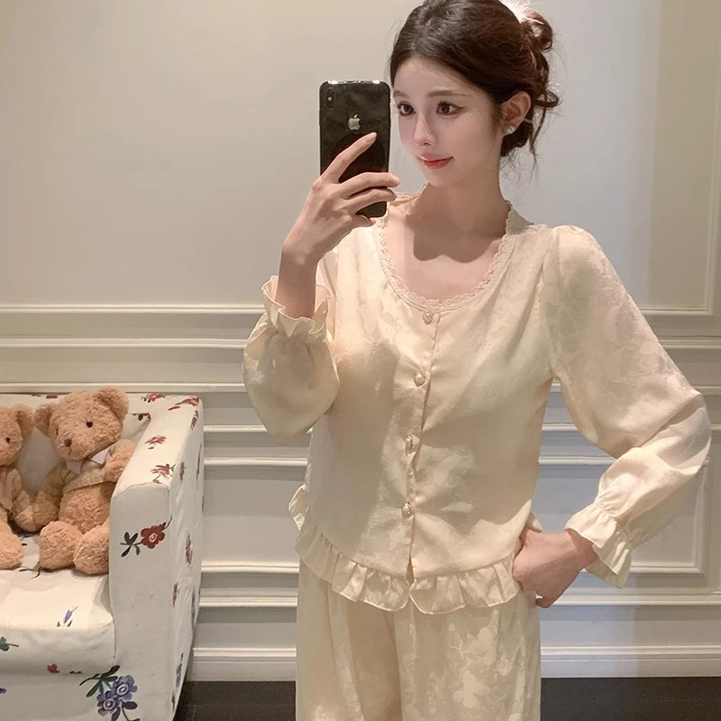 2025新款中式睡衣女春秋季冰雪丝长袖高级感甜美家居服套装公主风