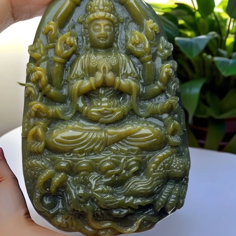 天然翡翠A货立体精雕黄翡遇龙千手观音吊坠
