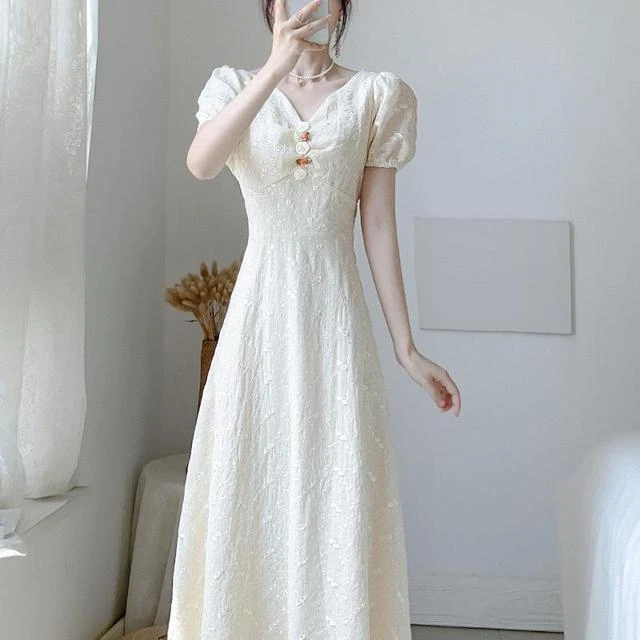 2025新夏甜美小个子显瘦过膝雪纺长裙气质收腰V领仙气飘飘连衣裙